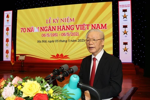 [Photo] Tổng Bí thư dự Lễ kỷ niệm 70 năm thành lập Ngân hàng Nhà nước 