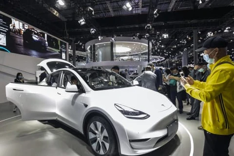 Mẫu xe Tesla Model Y được triển lãm tại Trung Quốc hồi tháng 4. (Nguồn: Bloomberg)
