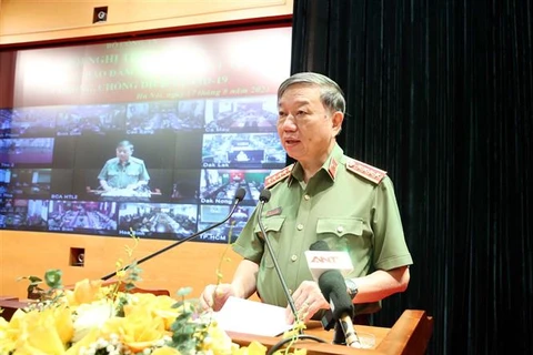 Đại tướng Tô Lâm, Ủy viên Bộ Chính trị, Bộ trưởng Bộ Công an phát biểu. (Ảnh: Phạm Kiên/TTXVN)