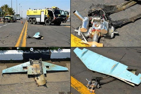 Mảnh vỡ máy bay không người lái sau vụ tấn công tại sân bay Abha, miền nam Saudi Arabia, ngày 10/2/2021. (Ảnh: AFP/TTXVN)