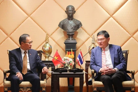 Đại sứ Phan Chí Thành (bên trái) và Tiến sĩ Anek Laothamatas, Bộ trưởng Đại học, Khoa học, Nghiên cứu và Đổi mới sáng tạo Thái Lan tại buổi làm việc. (Ảnh: TTXVN/Vietnam+)