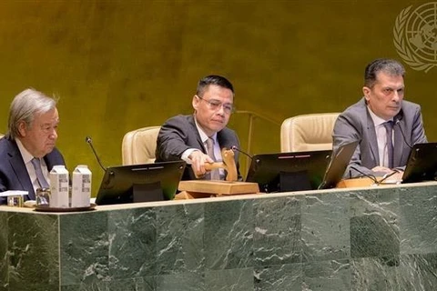 Phó Chủ tịch Đại hội đồng Liên hợp quốc, Đại sứ Đặng Hoàng Giang, Trưởng Phái đoàn đại diện thường trực Việt Nam tại LHQ (ngồi giữa), gõ búa thông qua nghị quyết. (Ảnh: Thanh Tuấn/TTXVN)