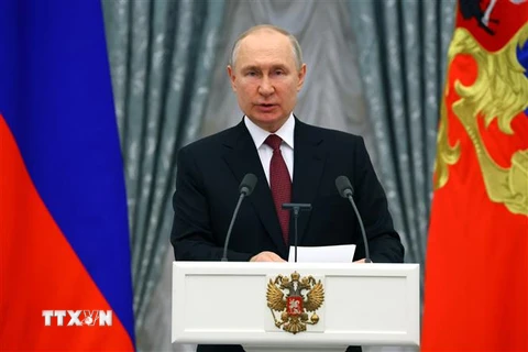 Tổng thống Nga Vladimir Putin phát biểu tại một sự kiện ở Moskva. (Ảnh: AFP/TTXVN)