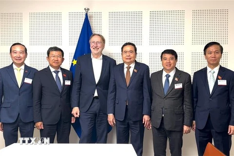 Phó Chủ tịch Thường trực Quốc hội Trần Thanh Mẫn và Chủ tịch Ủy ban Thương mại Quốc tế Nghị viện châu Âu (INTA) Bernd Lange (thứ 3, trái) với các đại biểu Việt Nam. (Ảnh: TTXVN phát)