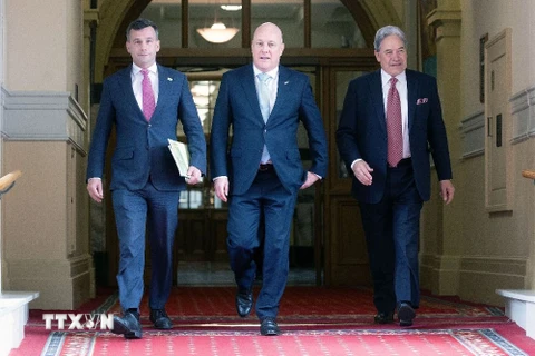 (Từ trái sang) Lãnh đạo đảng ACT, ông David Seymour; Thủ tướng đắc cử New Zealand đồng thời là lãnh đạo đảng Quốc gia, ông Christopher Luxon và lãnh đạo đảng New Zealand First, ông Winston Peters. (Ảnh: AFP/TTXVN)