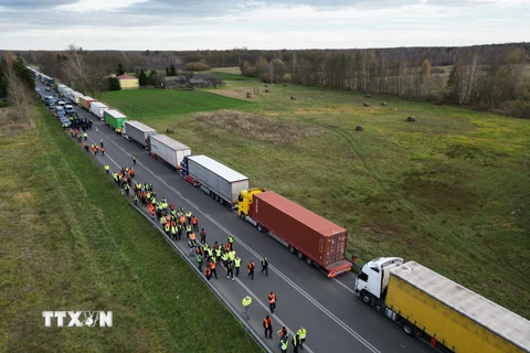 Xe tải xếp hàng dài tại cửa khẩu biên giới Ba Lan-Ukraine ở Dorohusk, Ba Lan. (Ảnh: AFP/TTXVN)