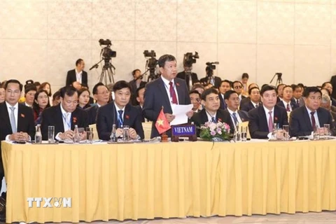 Đoàn đại biểu Việt Nam dự Phiên toàn thể thứ nhất Hội nghị Cấp cao Quốc hội ba nước Campuchia-Lào-Việt Nam (CLV) lần thứ nhất. (Ảnh: Doãn Tấn/TTXVN)