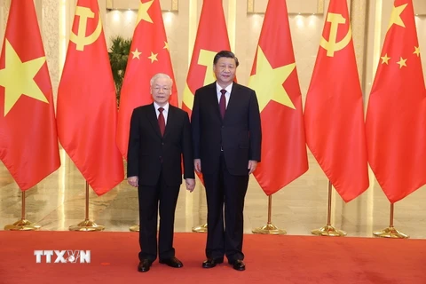 Tổng Bí thư Nguyễn Phú Trọng và Tổng Bí thư, Chủ tịch Trung Quốc Tập Cận Bình. (Ảnh: Trí Dũng/TTXVN)