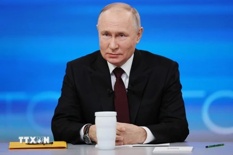 Tổng thống Nga Vladimir Putin tại cuộc họp báo cuối năm ở Moskva ngày 14/12/2023. (Ảnh: AFP/TTXVN)