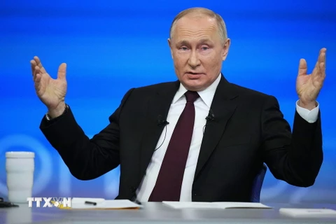Tổng thống Nga Vladimir Putin phát biểu tại cuộc họp báo cuối năm ở Moskva ngày 14/12/2023. (Ảnh: AFP/TTXVN)