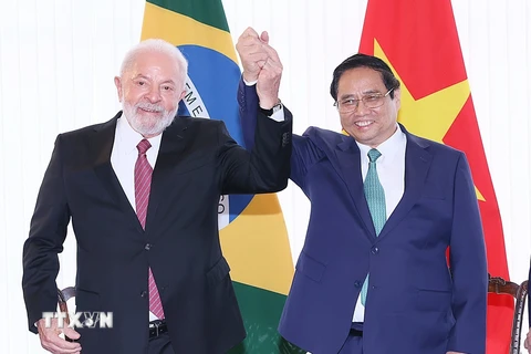 Tại Thủ đô Brasilia, Tổng thống Brazil Lula da Silva chủ trì lễ đón chính thức và hội đàm với Thủ tướng Phạm Minh Chính hồi tháng 9/2023. (Ảnh: Dương Giang/TTXVN)