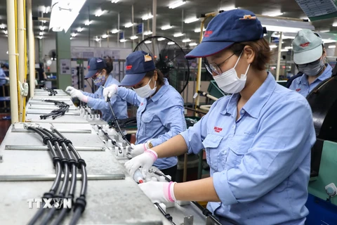 Dây chuyền sản xuất các loại ống và dây dẫn phanh, ống trợ lực tay lái,... cho xe máy, ôtô của Công ty TNHH Nichirin Việt Nam, 100% vốn đầu tư Nhật Bản, tại Bắc Giang. (Ảnh: Danh Lam/TTXVN)