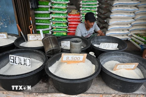 Gạo được bày bán tại khu chợ ở Jakarta, Indonesia. (Ảnh: AFP/TTXVN)