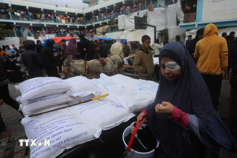 Người dân chờ nhận lương thực cứu trợ tại Rafah, Dải Gaza. (Ảnh: THX/TTXVN)
