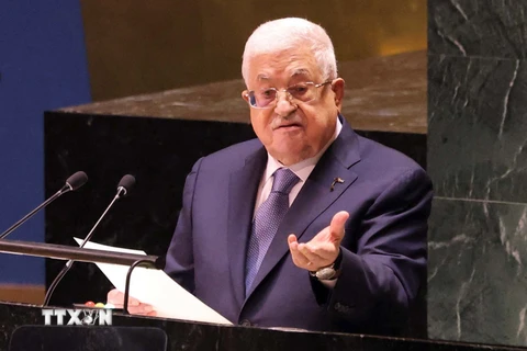 Tổng thống Palestine Mahmoud Abbas phát biểu trước Đại hội đồng Liên hợp quốc ở New York, Mỹ ngày 21/9/2023. (Ảnh: AFP/TTXVN)