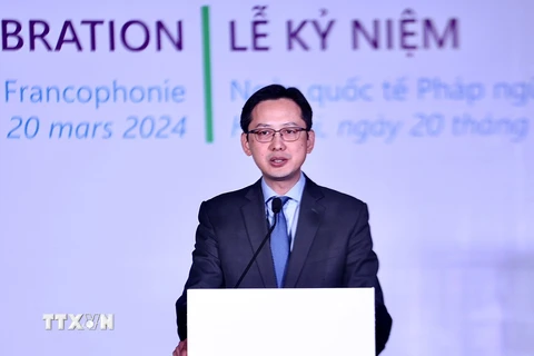 Thứ trưởng Bộ Ngoại giao Đỗ Hùng Việt phát biểu chào mừng “Lễ kỷ niệm Ngày Quốc tế Pháp ngữ 20/3”. (Ảnh: Thu Phương/TTXVN)