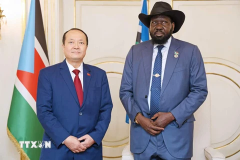 Tổng thống Nam Sudan Salvar Kiir Mayardit tiếp Đại sứ Nguyễn Huy Dũng sau lễ trình Thư ủy nhiệm. (Ảnh: Cơ quan thường trú Cairo)