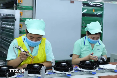 Sản xuất các loại loa tại nhà máy của Công ty Điện tử Foster (Bắc Ninh), tại Khu Công nghiệp Đô thị và Dịch vụ VSIP Bắc Ninh. (Ảnh: Thống Nhất/TTXVN)