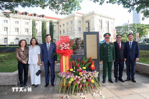 Đại sứ Mai Phước Dũng cùng Trưởng các cơ quan đại diện và Ban Liên lạc người Việt Nam tại Singapore chụp ảnh lưu niệm bên Tượng đài Bác Hồ. (Ảnh: Lê Dương/TTXVN)