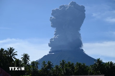 Tro bụi phun lên từ miệng núi lửa Ibu ở tỉnh Bắc Maluku, Indonesia,. (Ảnh: AFP/TTXVN)