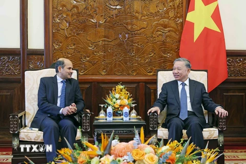 Chủ tịch nước Tô Lâm tiếp Đại sứ Cộng hòa Ấn Độ tại Việt Nam Sandeep Arya. (Ảnh: Nhan Sáng/TTXVN)