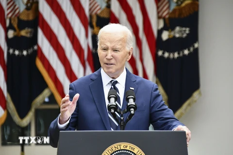 Tổng thống Mỹ Joe Biden phát biểu tại Nhà Trắng ở Washington DC.. (Ảnh: Kyodo/TTXVN)