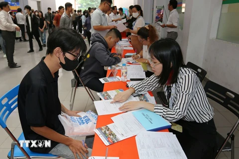 Đông đảo sinh viên, người lao động tìm việc tại “Sàn giao dịch việc làm liên kết vùng trực tiếp và trực tuyến” năm 2024. (Ảnh: Thanh Vũ/TTXVN)