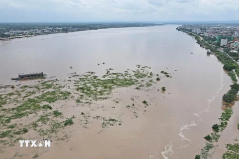 Toàn cảnh sông Mekong từ trên cao. (Ảnh: Đỗ Bá Thành/TTXVN)