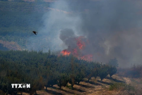 Khói lửa bốc lên sau cuộc tấn công của lực lượng Hezbollah tại Liban xuống miền Bắc Israel. (Ảnh: THX/TTXVN)