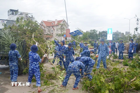 Lực lượng Cảnh sát Biển dọn dẹp cây bị đổ tại Hải Phòng. (Ảnh: Hoàng Ngọc/TTXVN)