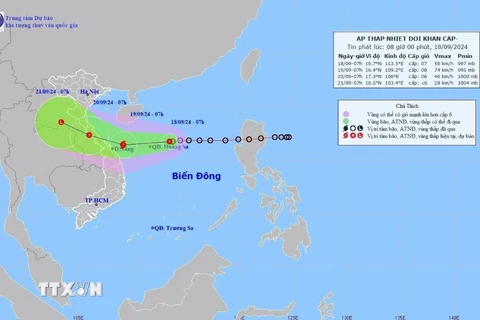 Đường đi của vùng áp thấp lúc 7h sáng 18/9. (Ảnh: TTXVN phát)