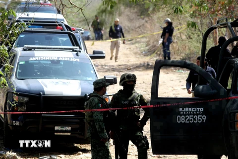 Binh sỹ Mexico điều tra tại hiện trường vụ tấn công ở Guadalajara, bang Chiapas, Mexico. (Ảnh: AFP/TTXVN)