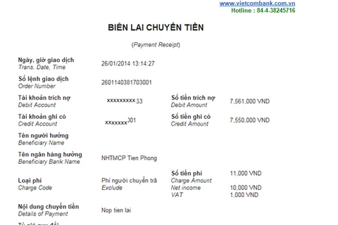 Biên lai chuyển tiền đã thành công (Ảnh: Độc giả cung cấp)