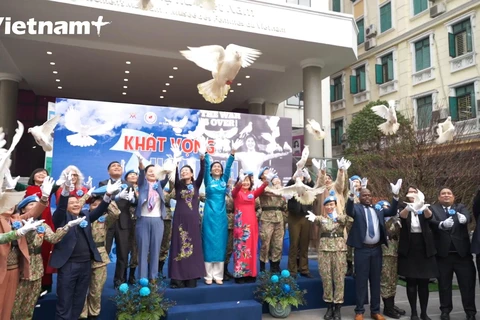 Cục gìn giữ Hoà bình Việt Nam và đại sứ các nước thả tung bay trên bầu trời Thủ đô Hà Nội, nguyện cầu hoà bình cho thế giới.