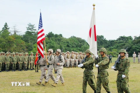 Lực lượng lính thủy đánh bộ Mỹ và các lực lượng phòng vệ Nhật Bản tham gia một cuộc tập trận. (Nguồn: Kyodo/TTXVN)