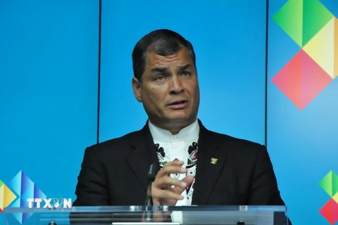 Tổng thống Ecuador Rafael Correa, quốc gia đang giữ chức Chủ tịch luân phiên CELAC tại cuộc họp báo kết thúc hội nghị. (Ảnh: Hương Giang/TTXVN) 