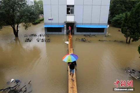 Sinh viên của Trường Đại học Khoa học và Công nghệ Nam Kinh phải xây nhiều cầu tạm nối các tòa nhà với nhau. Mưa lớn kéo dài khiến trường học bị chìm trong nước lũ. (Nguồn: CCTVNews)