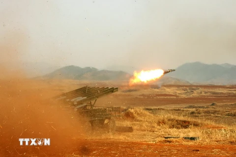 Binh sỹ Tiên bắn đạn pháo trong cuộc diễn tập. (Nguồn: AFP/TTXVN) 