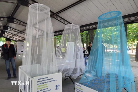 Các loại màn chống muỗi trưng bày tại triển lãm phòng chống bệnh sốt rét. (Nguồn: AFP/TTXVN) 