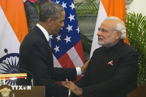Thủ tướng Ấn Độ Narendra Modi (phải) và Tổng thống Mỹ Barack Obama tại cuộc họp báo chung sau cuộc gặp ngày 25/1. (Nguồn: AFP/TTXVN) 
