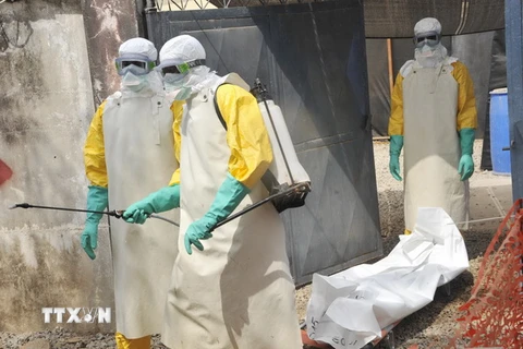 Nhân viên Chữ thập đỏ Guinea chuyển thi thể một bệnh nhân Ebola tại bệnh viện Donka ở thủ đô Conakry. (Nguồn: AFP/TTXVN) 