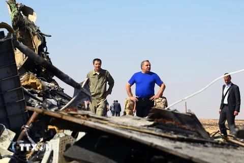 Bộ trưởng Bộ Dân phòng, Khẩn cấp và Thảm họa thiên tai Nga Puchkov Vladimir Andreevich (giữa) làm việc tại hiện trường vụ rơi máy bay ở thành phố Arish, bắc Ai Cập ngày 1/11. (Nguồn: THX/TTXVN)