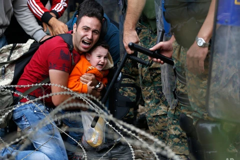 Hai bố con trong dòng người tị nạn hoảng loạn vì cuộc trấn áp của lực lượng cảnh sát Macedonia ngày 21/8. 