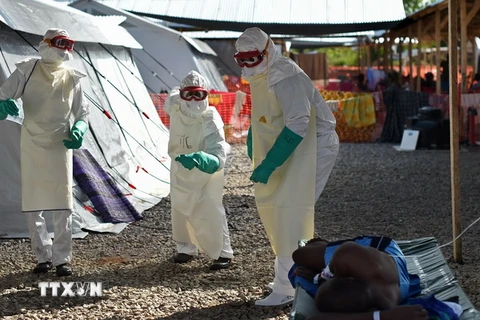 Nhân viên y tế chăm sóc bệnh nhân nhiễm virus Ebola tại một trung tâm y tế ở , Kenema, Sierra Leone. (Nguồn: AFP/TTXVN)