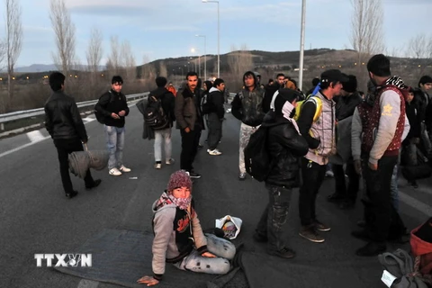  Người tị nạn Afghanistan chờ đợi giấy phép tại biên giới giữa Hy Lạp và Macedonia, gần làng Idomeni. (Nguồn: AFP/TTXVN) 