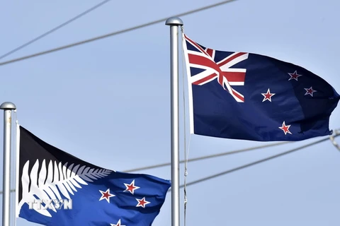 Quốc kỳ hiện nay của New Zealand (phải) và cờ có hình lá dương xỉ trên nền đen (trái) theo đề xuất của Thủ tướng John Key. (Nguồn: AFP/TTXVN) 