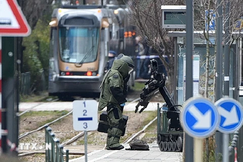 Cảnh sát Bỉ làm nhiệm vụ trong cuộc bố ráp ở Schaerbeek, Brussels, nơi nghi phạm Reda Kriket bị bắt giữ. (Nguồn: AFP/TTXVN) 