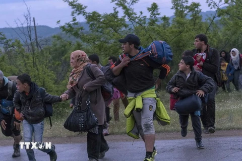 Người tị nạn Syria tìm cách vượt biên trái phép qua khu vực biên giới Hy Lạp-Macedonia. (Nguồn: AFP/TTXVN) 