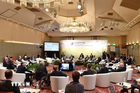 Các đại biểu thảo luận tại Hội nghị các Bộ trưởng tài chính và Thống đốc ngân hàng trung ương của Nhóm G7 ở thành phố Sendai, Nhật Bản ngày 20/5.