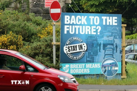 Logo kêu gọi cử tri bỏ phiếu ở lại EU tại khu vực ngoại ô Newry, Bắc Ireland ngày 7/6. (Nguồn: AFP/TTXVN) 